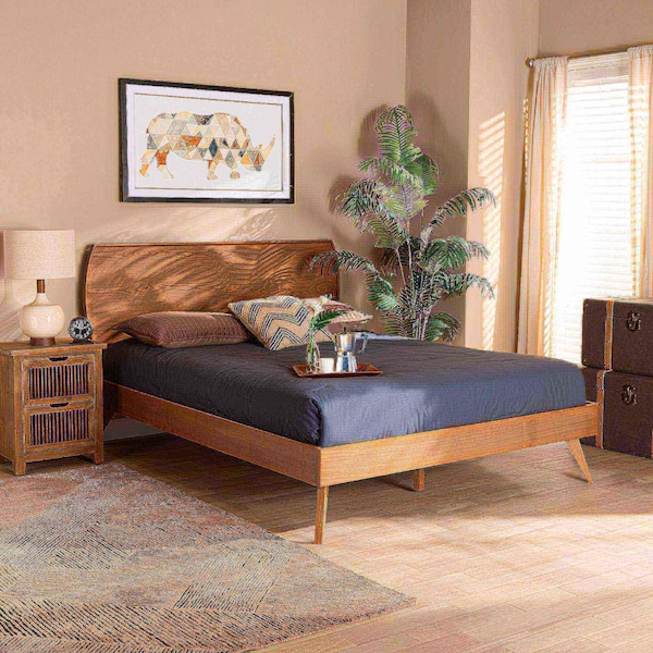 Baxton Studio Aimi Mid-Century Modern Walnut Brown Finished Wood Queen Size Platform Bed - 183-11114-9408-ZORO