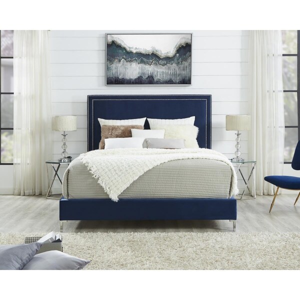 Posh Living Tristan Velvet Nailhead Trim Platform Bed King Size - Navy - BD34-02NYK-UE