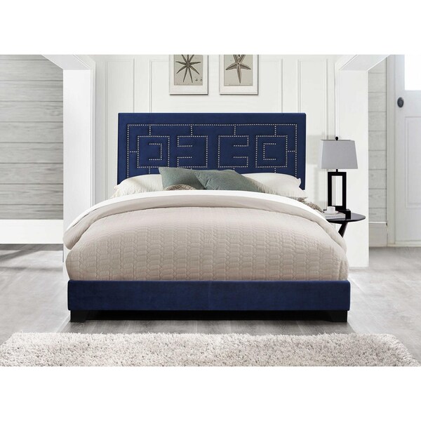 Homeroots HomeRoots 347043 80 x 86 x 50 in. Dark Blue Velvet Upholstered Wood Leg Eastern King Bed - 347043