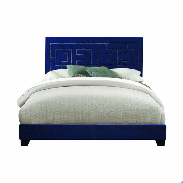 Homeroots HomeRoots 347043 80 x 86 x 50 in. Dark Blue Velvet Upholstered Wood Leg Eastern King Bed - 347043