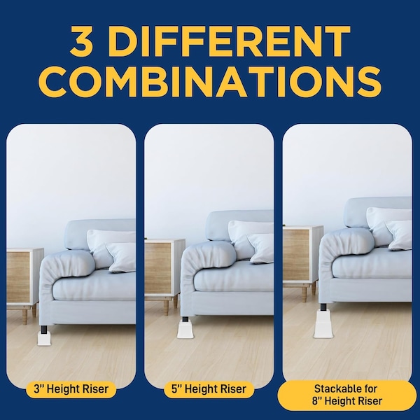 Lifemaster Furniture Riser Set, Non-Slip Design for Bed, Chair, Sofa, Desk, White, 8PK - LMBEDWHT8