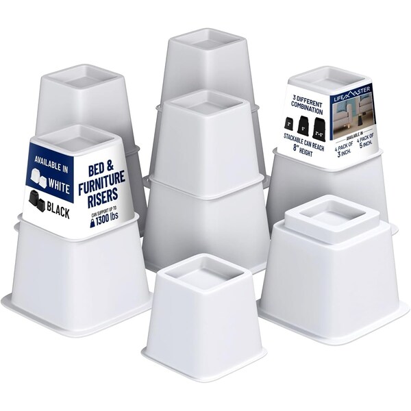 Lifemaster Furniture Riser Set, Non-Slip Design for Bed, Chair, Sofa, Desk, White, 8PK - LMBEDWHT8