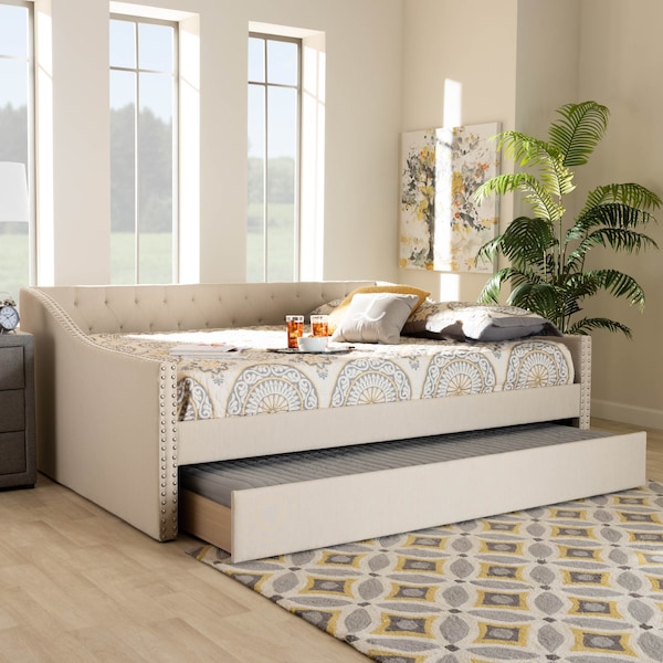 Baxton Studio Haylie Beige Queen Size Daybed with Roll-Out Trundle Bed - 158-9679