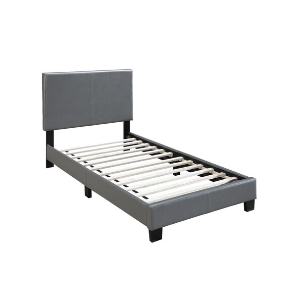 Poundex Twin Upholstered Bed Frame with Slats in Gray Faux Leather - F9226T