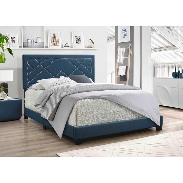 Homeroots 80 x 86 x 50 in. Dark Teal Fabric Upholstered Wood Leg Eastern King Bed - 347038