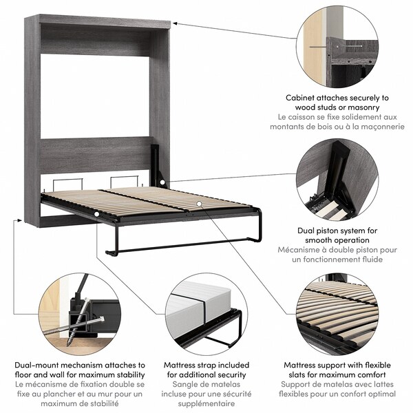 Bestar Full Wall Bed, Pur, Bark Gray - 26183-47