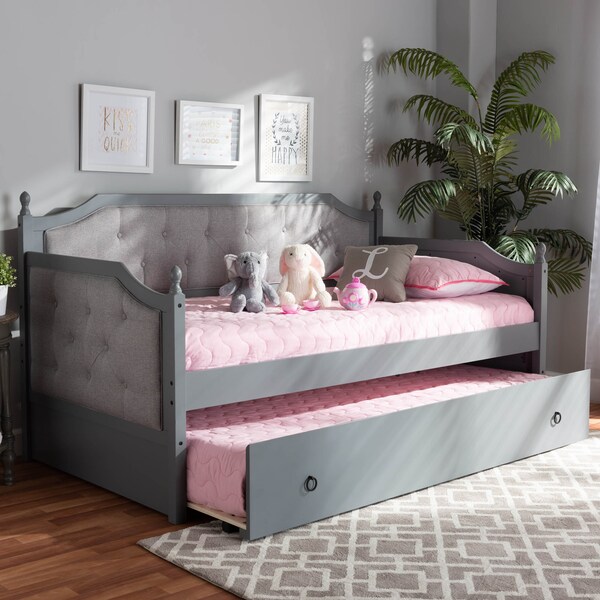 Baxton Studio Mara Upholstered Grey Finished Wood Twin Size Daybed with Trundle - 157-9625