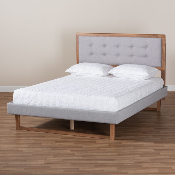 Baxton Studio Livinia Grey Upholstered and Ash Walnut Wood Queen Size Platform Bed - 164-9417-9435