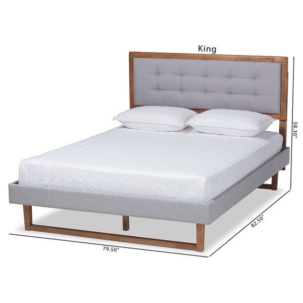 Baxton Studio Livinia Grey Upholstered and Ash Walnut Wood Queen Size Platform Bed - 164-9417-9435