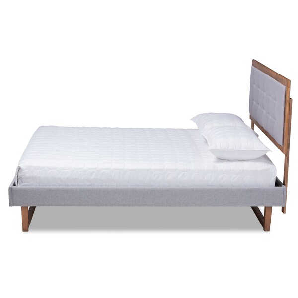 Baxton Studio Livinia Grey Upholstered and Ash Walnut Wood Queen Size Platform Bed - 164-9417-9435