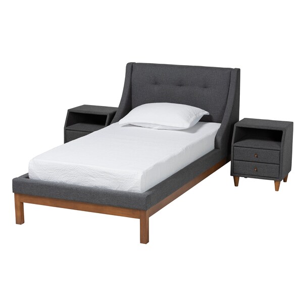 Baxton Studio Louvain MidCentury Modern Transitional Dark Grey Fabric Upholstered Twin Size 3Piece Bedroom Set - 219-8153-9109-ZORO