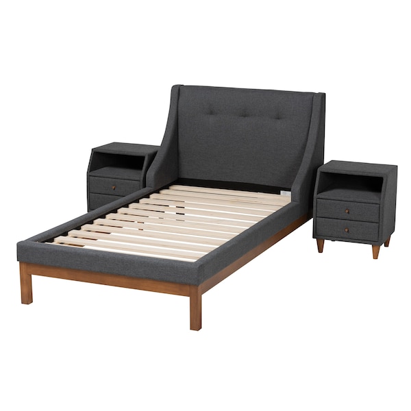 Baxton Studio Louvain MidCentury Modern Transitional Dark Grey Fabric Upholstered Twin Size 3Piece Bedroom Set - 219-8153-9109-ZORO