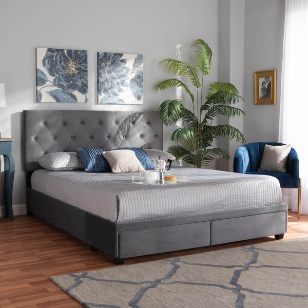 Baxton Studio Caronia Grey Velvet 2-Drawer King Size Platform Storage Bed - 161-10216