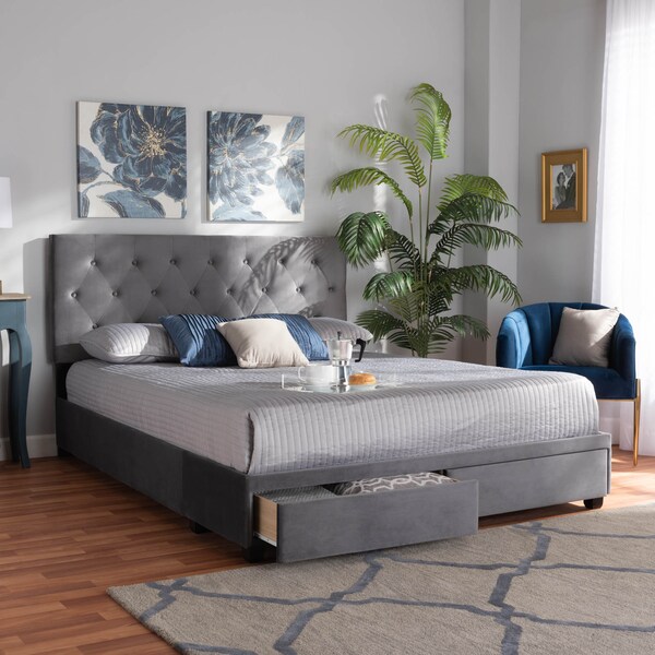 Baxton Studio Caronia Grey Velvet 2-Drawer King Size Platform Storage Bed - 161-10216