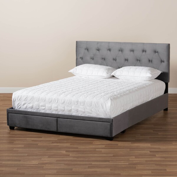 Baxton Studio Caronia Grey Velvet 2-Drawer King Size Platform Storage Bed - 161-10216
