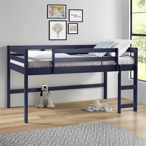 Acme Twin Wooden Loft Bed with Guard Rail and Ladder in Navy Blue - ER-0146BL