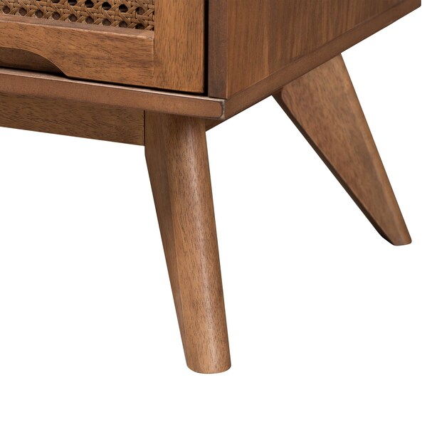 Baxton Studio Melora Mid-Century Modern Walnut Brown Finished Wood and Rattan Twin Size 4-Piece Bedroom Set - 241-11178-11179-11298-11299-11300-ZORO