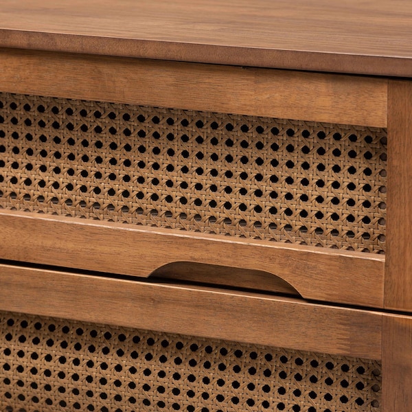 Baxton Studio Melora Mid-Century Modern Walnut Brown Finished Wood and Rattan Twin Size 4-Piece Bedroom Set - 241-11178-11179-11298-11299-11300-ZORO