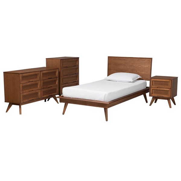 Baxton Studio Melora Mid-Century Modern Walnut Brown Finished Wood and Rattan Twin Size 4-Piece Bedroom Set - 241-11178-11179-11298-11299-11300-ZORO