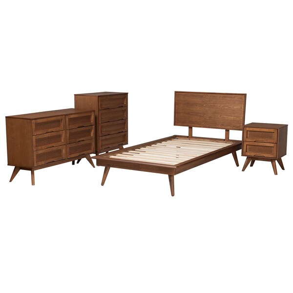 Baxton Studio Melora Mid-Century Modern Walnut Brown Finished Wood and Rattan Twin Size 4-Piece Bedroom Set - 241-11178-11179-11298-11299-11300-ZORO