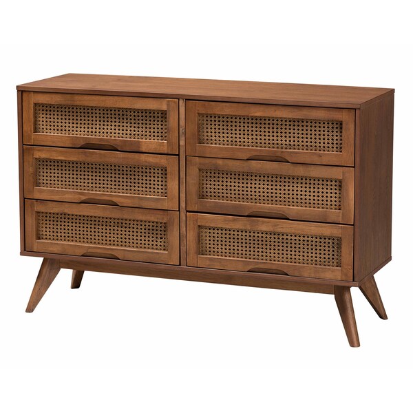 Baxton Studio Melora Mid-Century Modern Walnut Brown Finished Wood and Rattan Twin Size 4-Piece Bedroom Set - 241-11178-11179-11298-11299-11300-ZORO