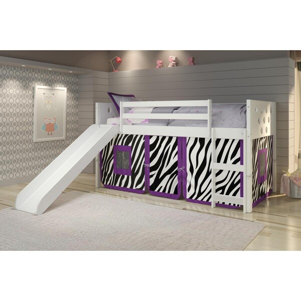 Kd Gabinetes PD-780ATW-Z-785W Twin Size Circles Low Loft with Slide & Zebra Tent in White - KD3163128