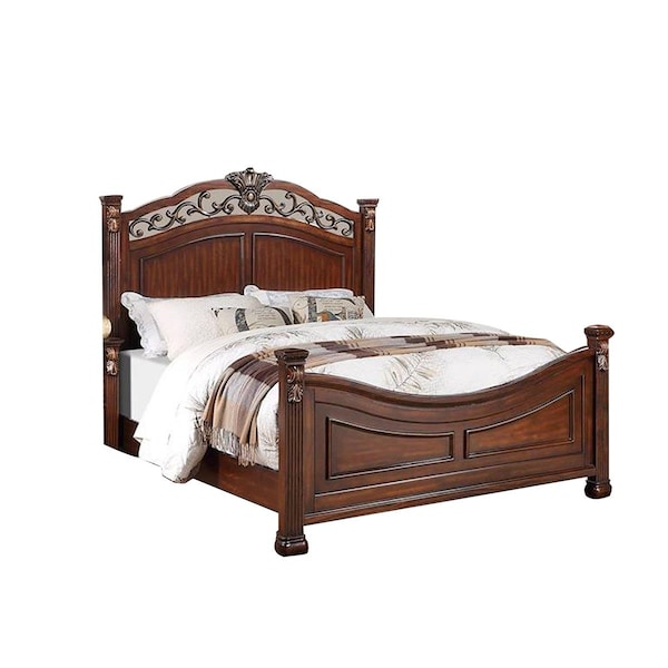 Benjara Aza Traditional Wood Leaf Carvings Bed, Rich Cherry Brown - Queen Size - BM301368