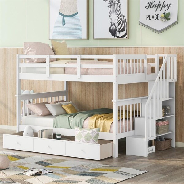 Gfancy Fixtures White Double Full Size Stairway Bunk Bed with Drawer - GF3659787