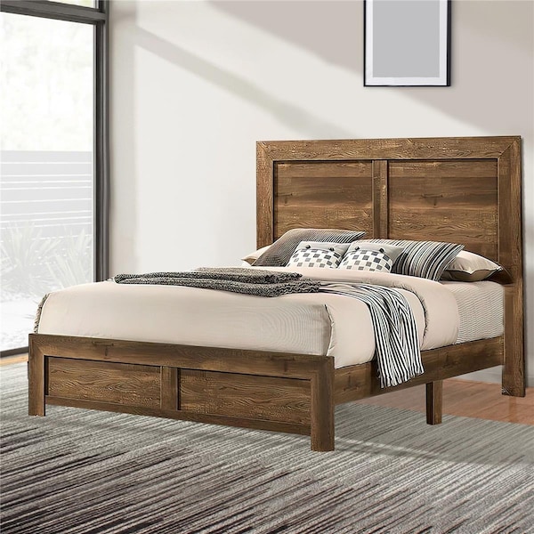 Benjara Rustic Style Wooden Queen Bed with Grain Details, Brown - BM235535