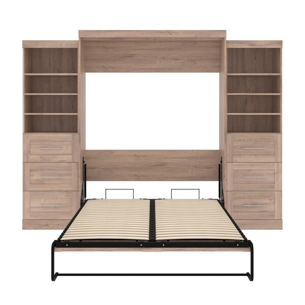 Bestar Pur Queen Murphy Bed and 2 Storage Units with Drawers (115W) in rustic brown - 26884-000009