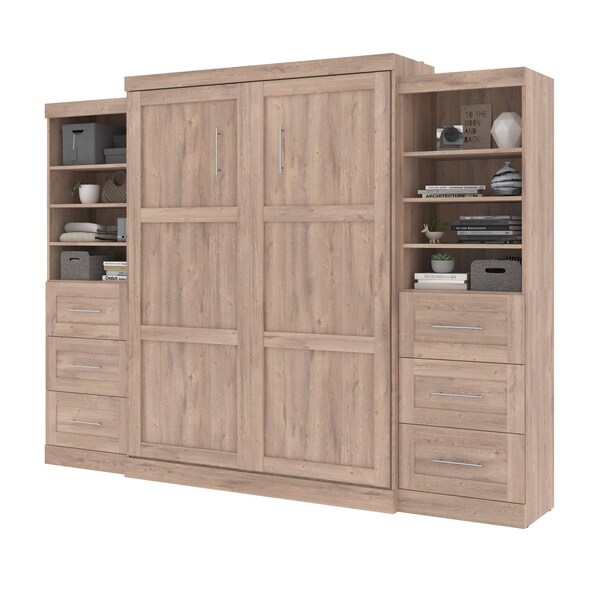 Bestar Pur Queen Murphy Bed and 2 Storage Units with Drawers (115W) in rustic brown - 26884-000009