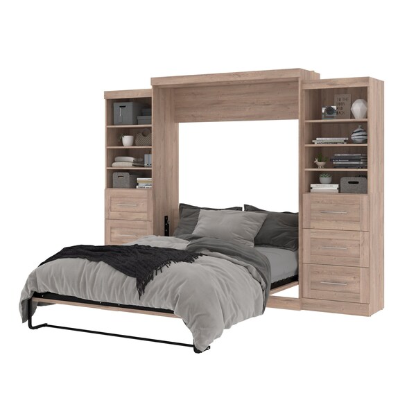 Bestar Pur Queen Murphy Bed and 2 Storage Units with Drawers (115W) in rustic brown - 26884-000009