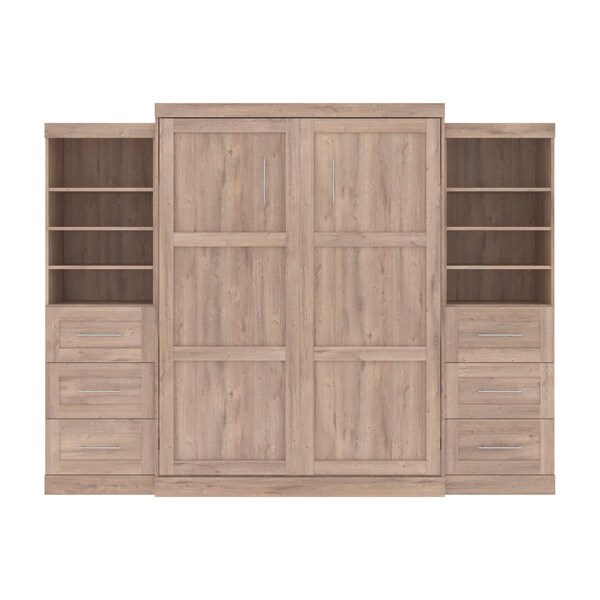 Bestar Pur Queen Murphy Bed and 2 Storage Units with Drawers (115W) in rustic brown - 26884-000009