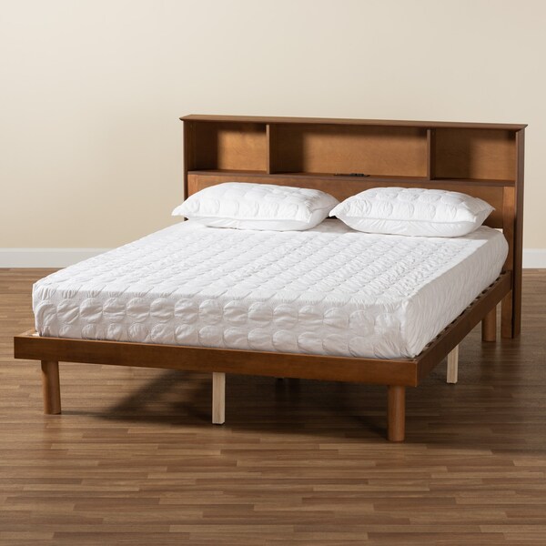 Baxton Studio Lochlan MidCentury Walnut Brown Finished Wood Full Size Platform Bed with Charging Station - 220-11883-ZORO