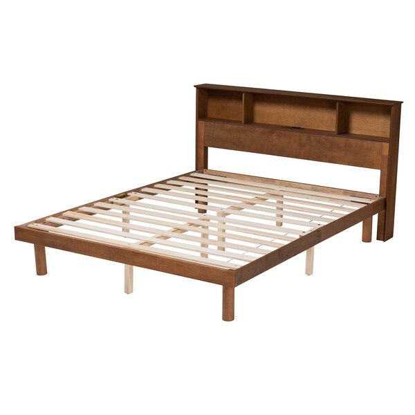 Baxton Studio Lochlan MidCentury Walnut Brown Finished Wood Full Size Platform Bed with Charging Station - 220-11883-ZORO