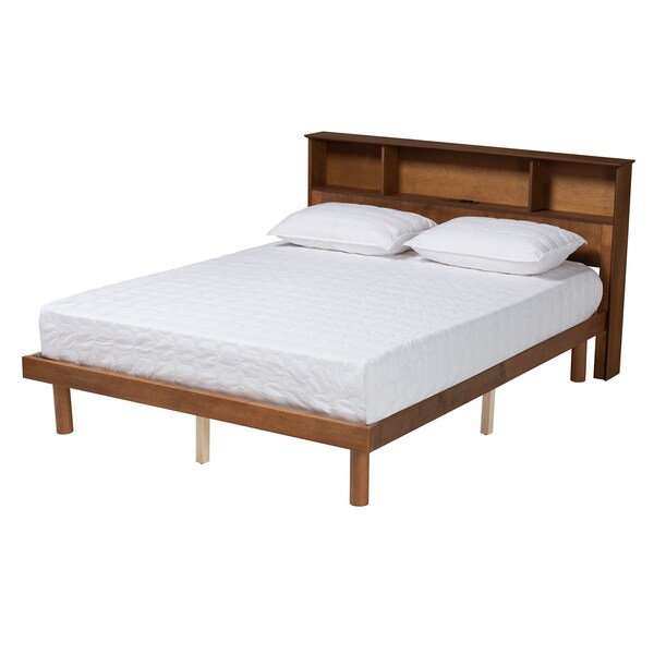 Baxton Studio Lochlan MidCentury Walnut Brown Finished Wood Full Size Platform Bed with Charging Station - 220-11883-ZORO