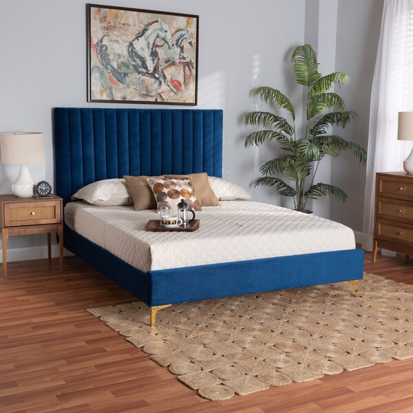 Baxton Studio Serrano Glam and Luxe Navy Blue Velvet Upholstered and Gold Metal King Size Platform Bed - 215-10948-ZORO