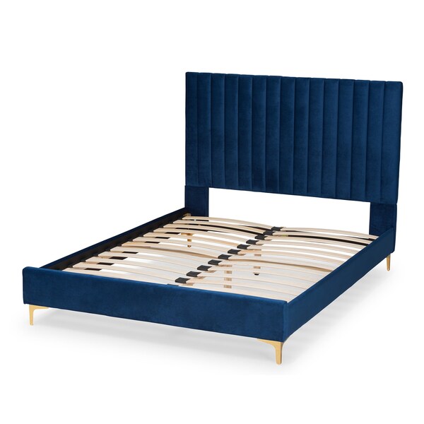 Baxton Studio Serrano Glam and Luxe Navy Blue Velvet Upholstered and Gold Metal King Size Platform Bed - 215-10948-ZORO