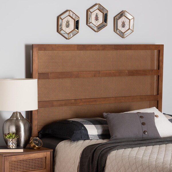 Baxton Studio Berne Mid-Century Modern Ash Walnut Finished Wood Queen Size Headboard with Rattan - 238-12658-ZORO