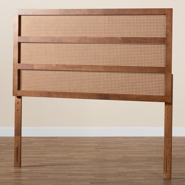 Baxton Studio Berne Mid-Century Modern Ash Walnut Finished Wood Queen Size Headboard with Rattan - 238-12658-ZORO