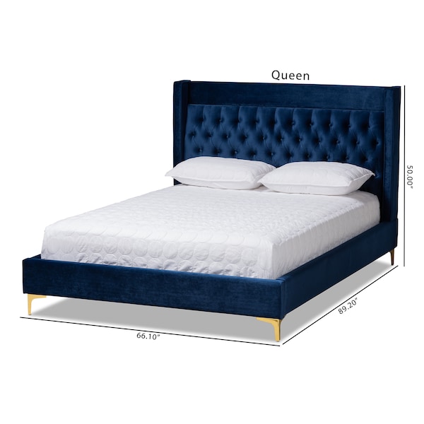 Baxton Studio Valery Blue Velvet King Size Platform Bed with Gold-Finished Legs - 152-9013