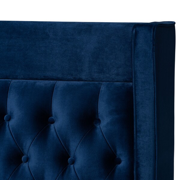 Baxton Studio Valery Blue Velvet King Size Platform Bed with Gold-Finished Legs - 152-9013