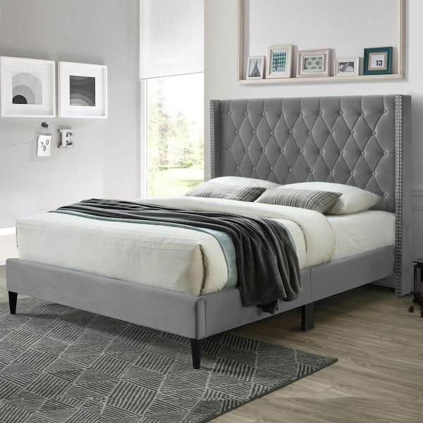 Better Home Amelia Velvet Tufted Platform Bed, Gray - Queen Size - 616859963801