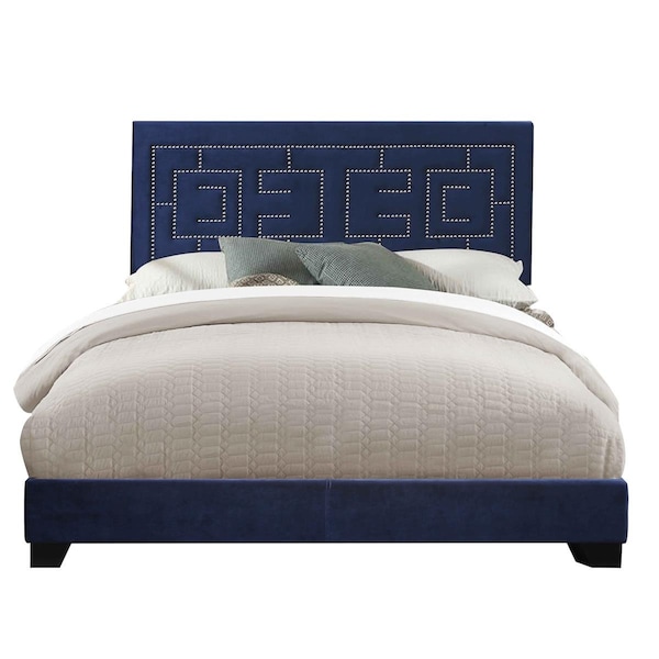 Benjara Fabric Eastern King Size Bed with Geometric Pattern Nailhead Trims, Blue - 50 x 80 x 86 in. - BM218459