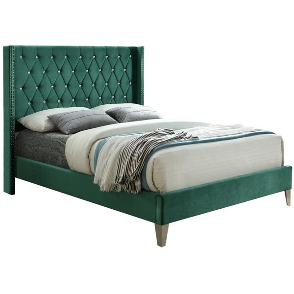 Better Home Alexa Velvet Upholstered Platform Bed, Green - Queen Size - ALEXA-50-GREEN