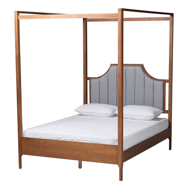 Baxton Studio Dakota Traditional Light Grey Fabric and Ash Walnut Finished Wood Queen Size Platform Canopy Bed - 226-12891-ZORO
