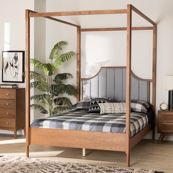 Baxton Studio Dakota Traditional Light Grey Fabric and Ash Walnut Finished Wood Queen Size Platform Canopy Bed - 226-12891-ZORO