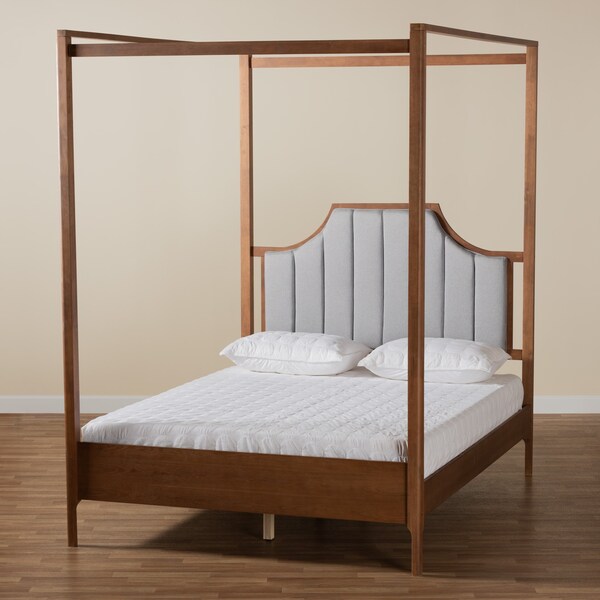 Baxton Studio Dakota Traditional Light Grey Fabric and Ash Walnut Finished Wood Queen Size Platform Canopy Bed - 226-12891-ZORO