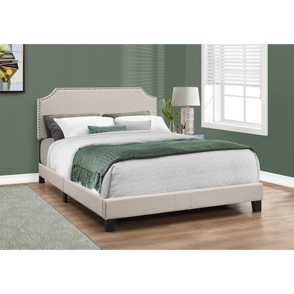 Homeroots 45.5 in. Beige Solid Wood Linen MDF & Foam Queen Size Bed with a Brass Trim - 333297