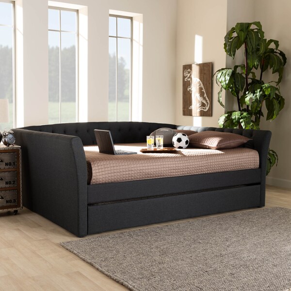Baxton Studio Delora Dark Grey Queen Size Daybed with Roll-Out Trundle Bed - 158-9666